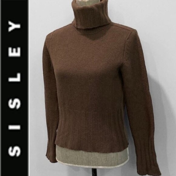SISLEY Turtleneck Sweater Brown Wool Chunky Angora - Picture 3 of 13